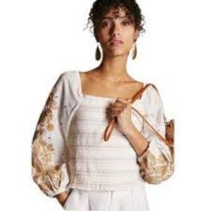 Anthropologie Smocked Embroidered Top ivory large NWT/NEW